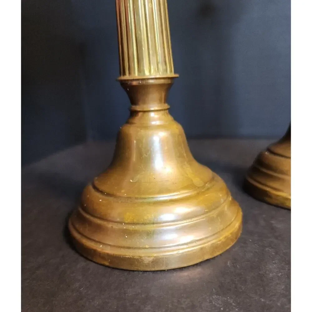 Pair of Antique Brass Candlesticks, Copper Weighted, Column Fluted 8.5